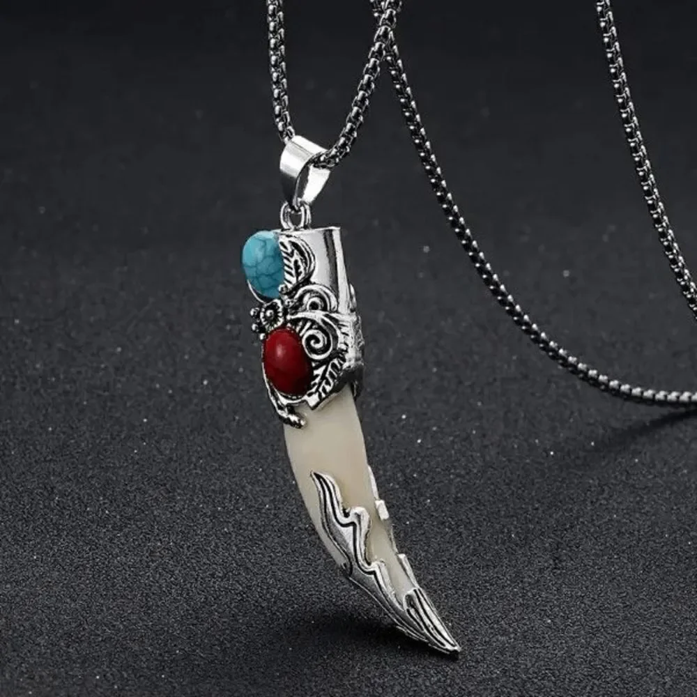 Titanium Steel Turquoise Red Coral Tribal Wolf Tooth Pendant Necklace